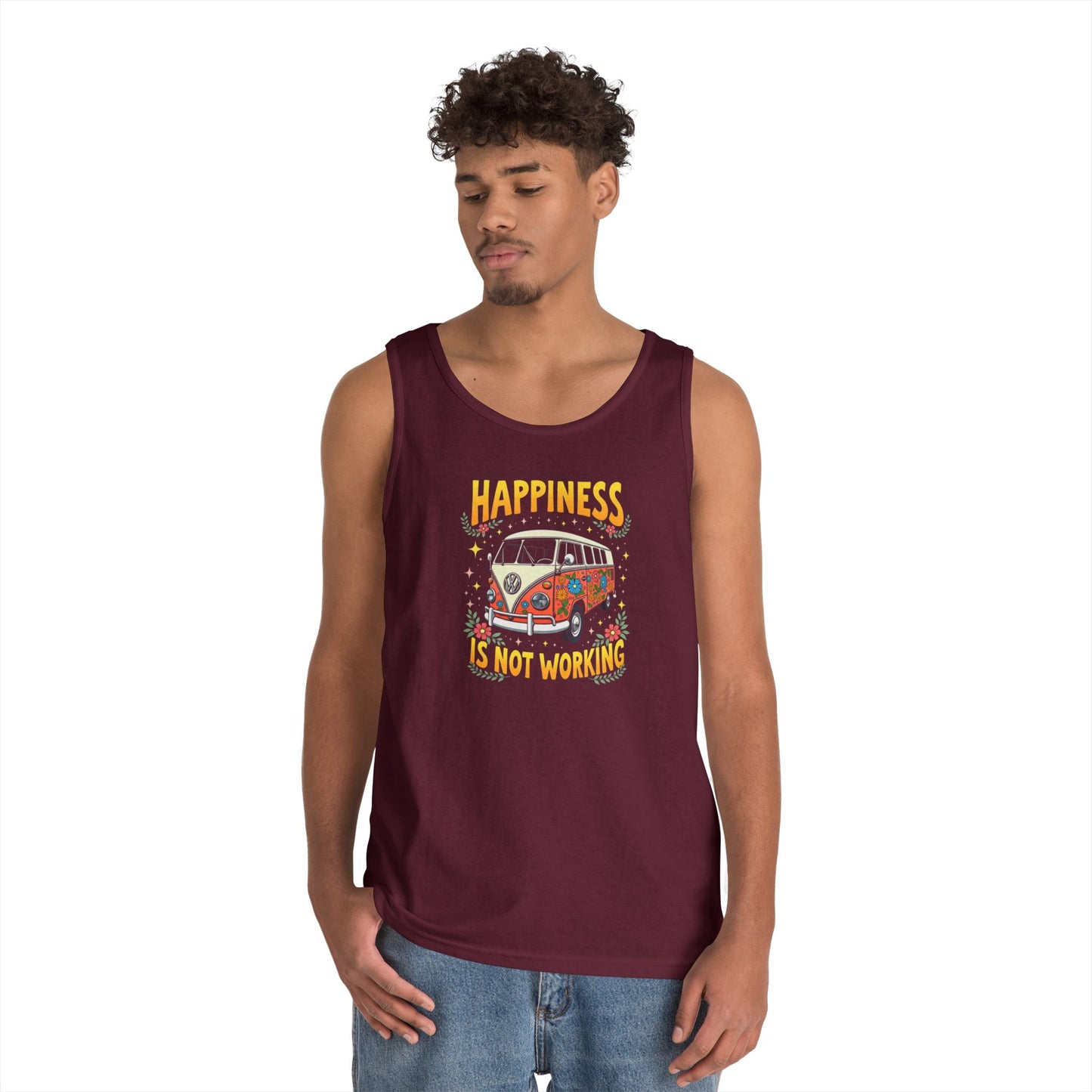 Ink Pulse Print - Vintage Camper Vibes Tank Top - Happiness is Not Working, (Produced in the USA)