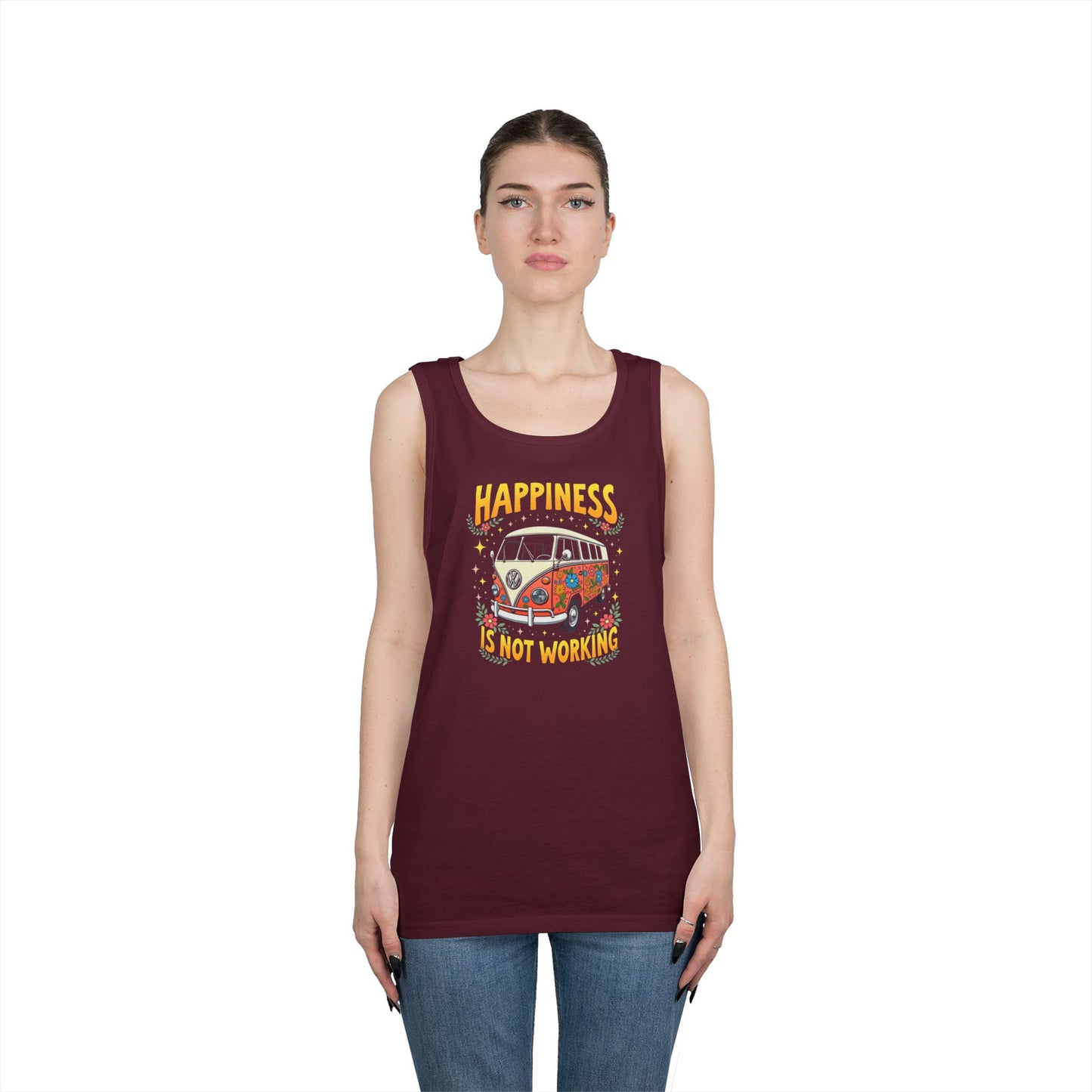 Ink Pulse Print - Vintage Camper Vibes Tank Top - Happiness is Not Working, (Produced in the USA)