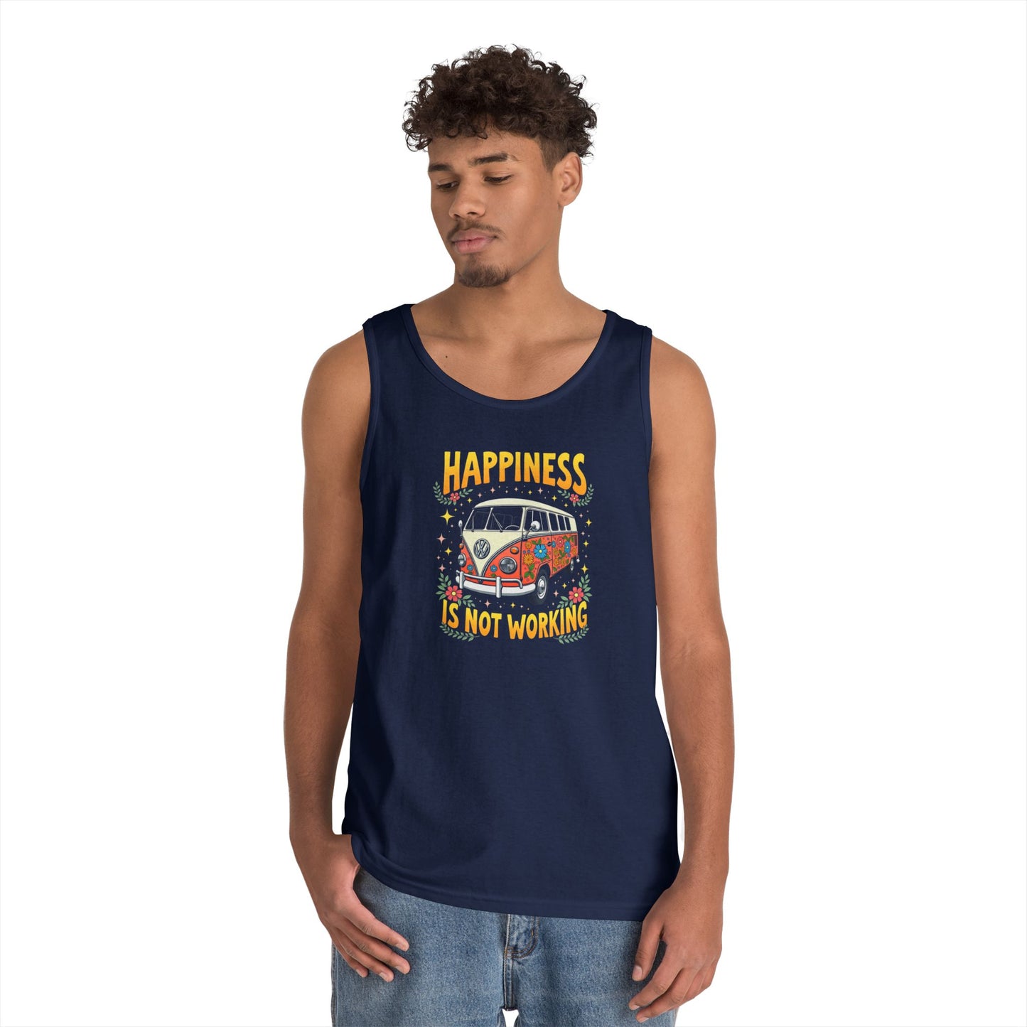 Ink Pulse Print - Vintage Camper Vibes Tank Top - Happiness is Not Working, (Produced in the USA)