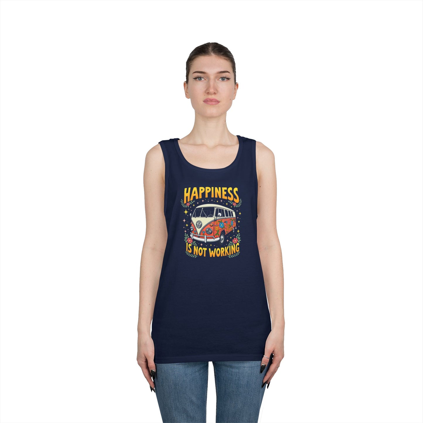 Ink Pulse Print - Vintage Camper Vibes Tank Top - Happiness is Not Working, (Produced in the USA)