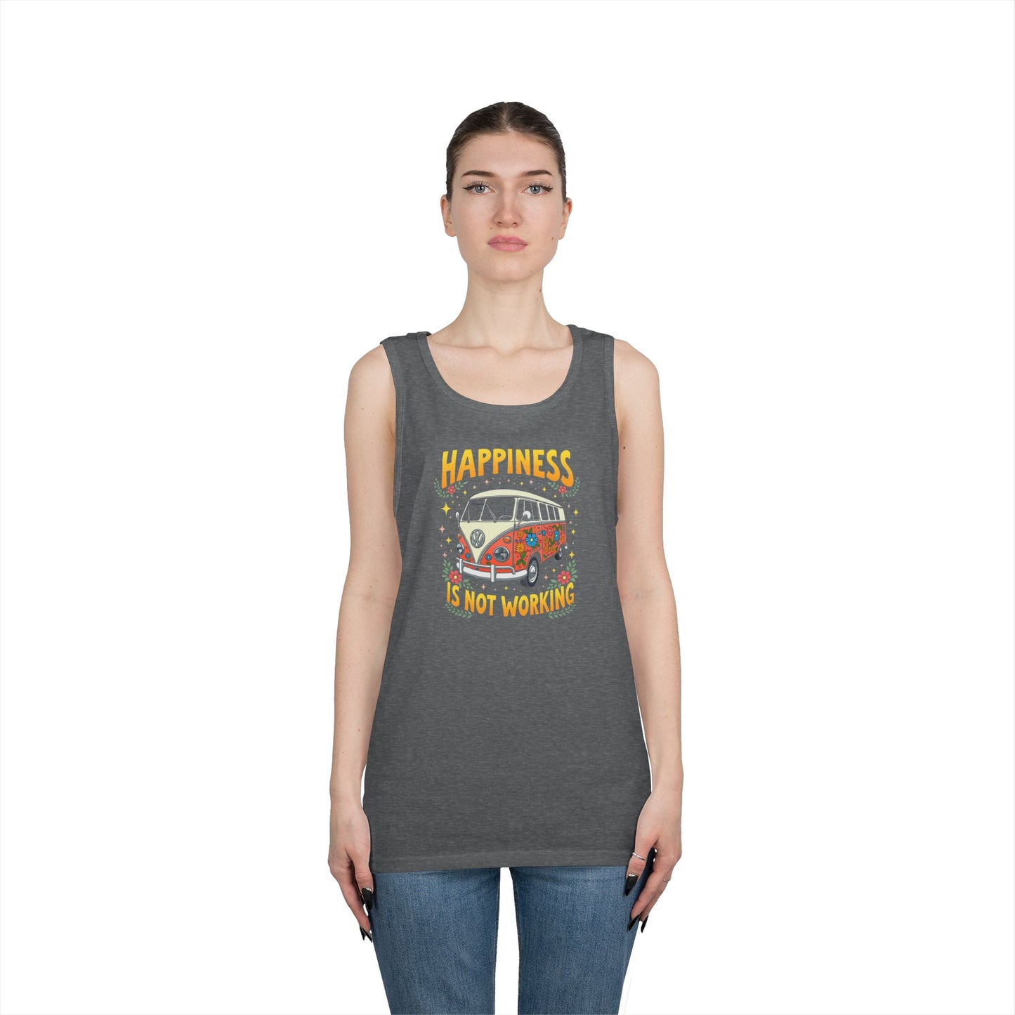 Ink Pulse Print - Vintage Camper Vibes Tank Top - Happiness is Not Working, (Produced in the USA)