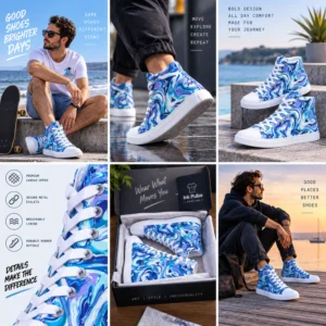 Men’s blue swirl high-top canvas shoes by Ink Pulse Print