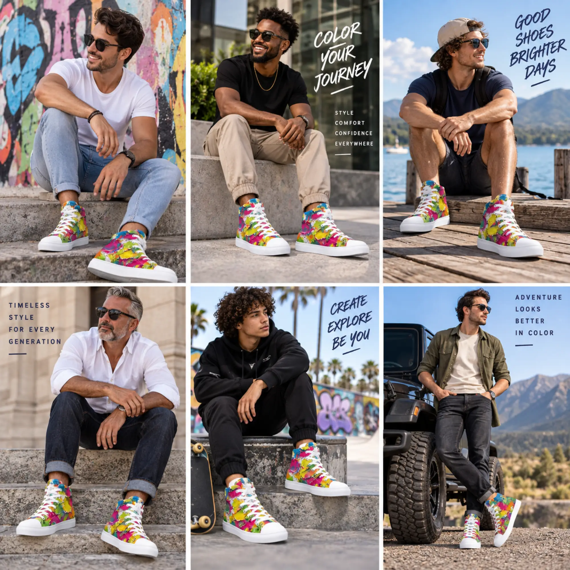 Colourful brush stroke men’s high-top sneakers lifestyle image
