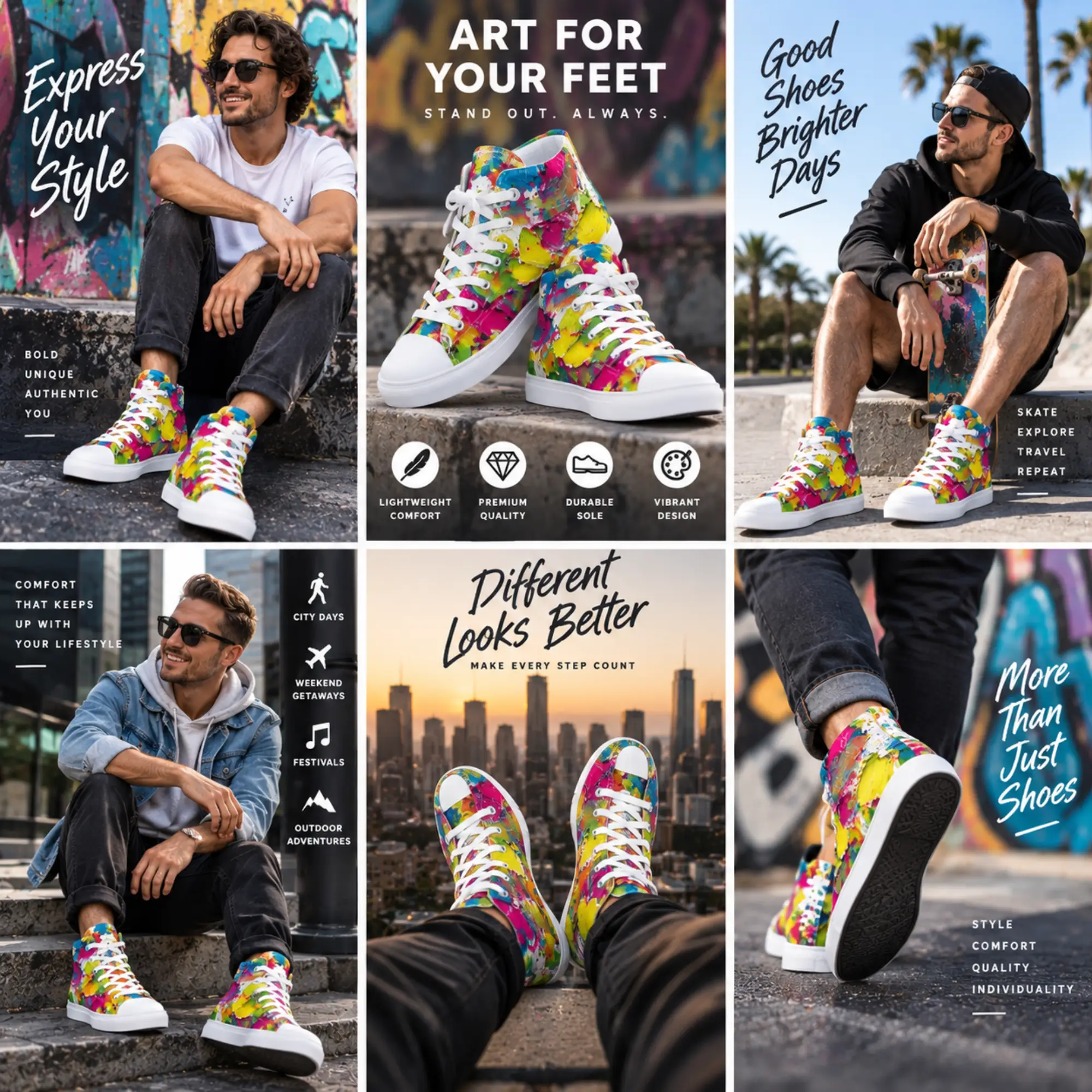 Bright brush stroke high-top canvas shoes promotional image