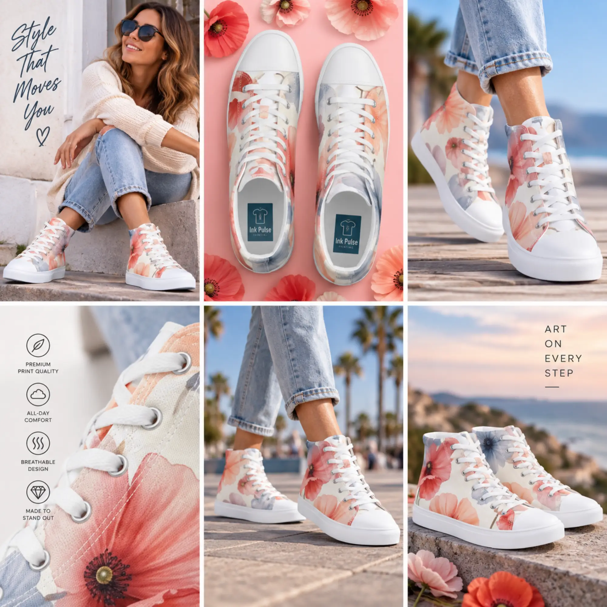 Women’s peach and coral floral high-top sneakers lifestyle image