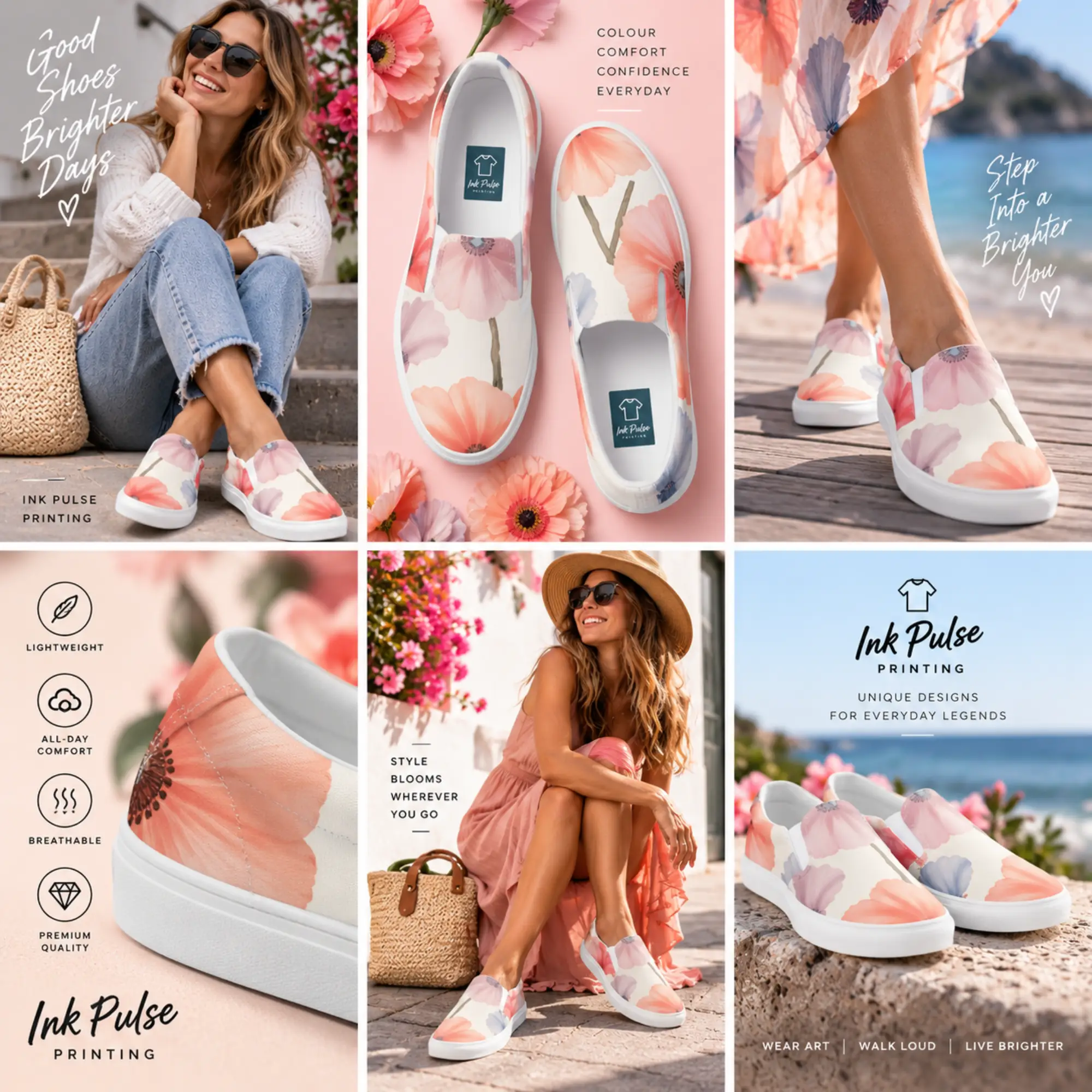Peach and coral floral women’s slip-on shoes lifestyle image