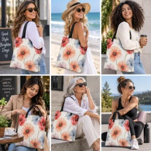 Flower tote bag with peach coral and dusty-pink floral print