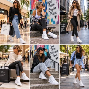Women’s Flowing Monochrome Lines high-top canvas shoes in a minimalist lifestyle setting
