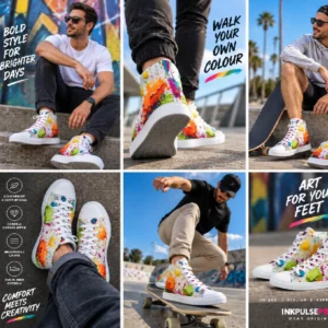 Men’s neon paint splatter high-top canvas shoes by Ink Pulse Print