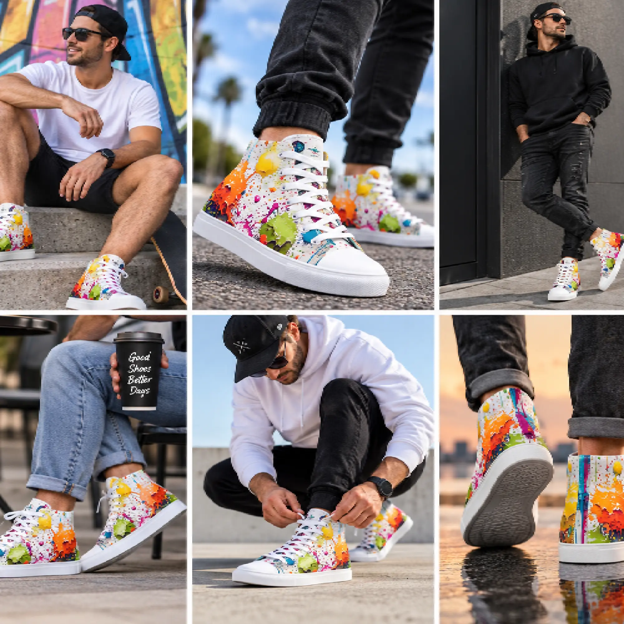 Colourful paint splatter men’s high-top sneakers lifestyle image