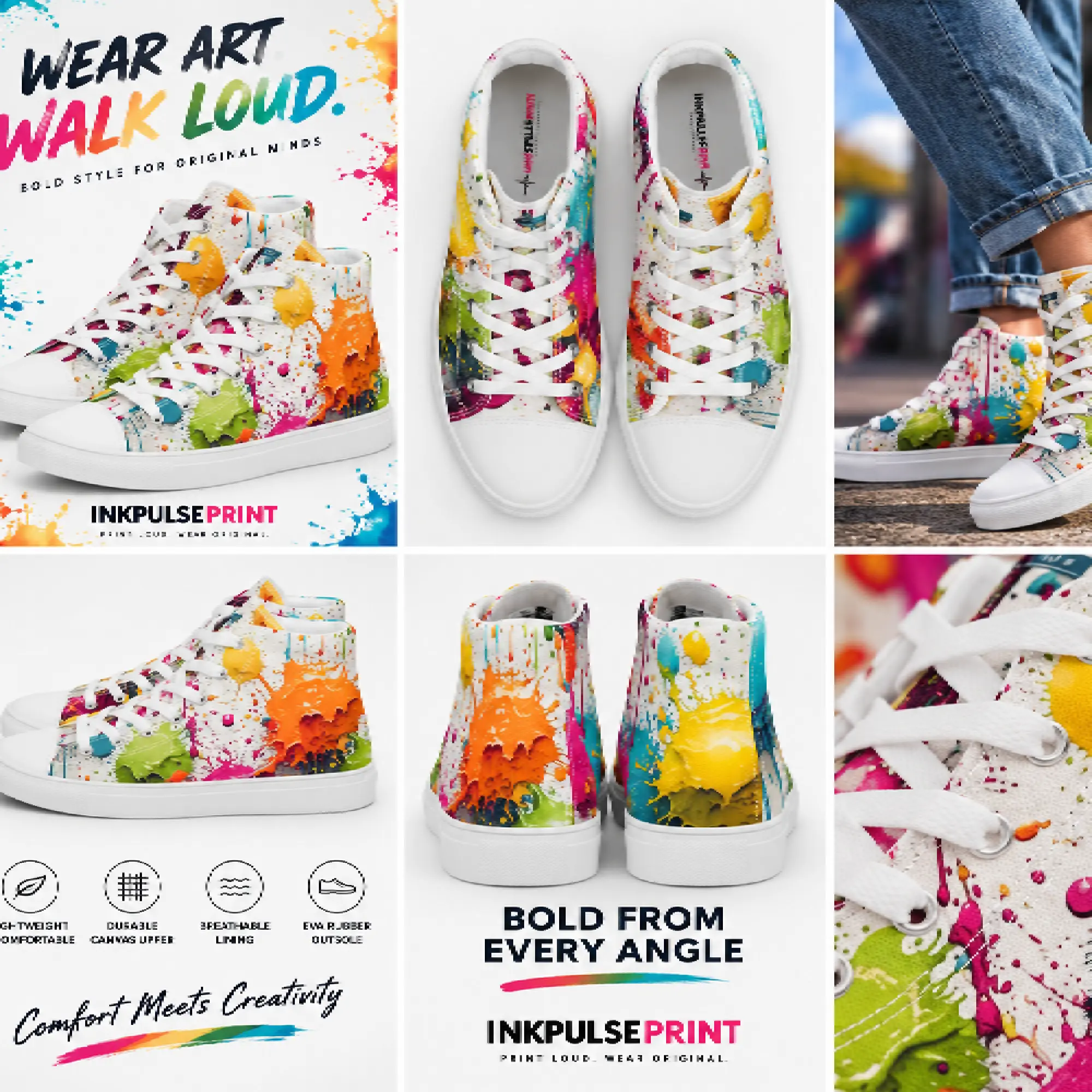Neon paint splatter high-top canvas shoes promotional image