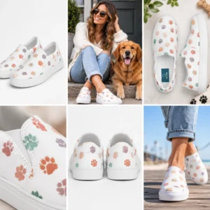 Women’s colourful paw print slip-on canvas shoes by Ink Pulse Print