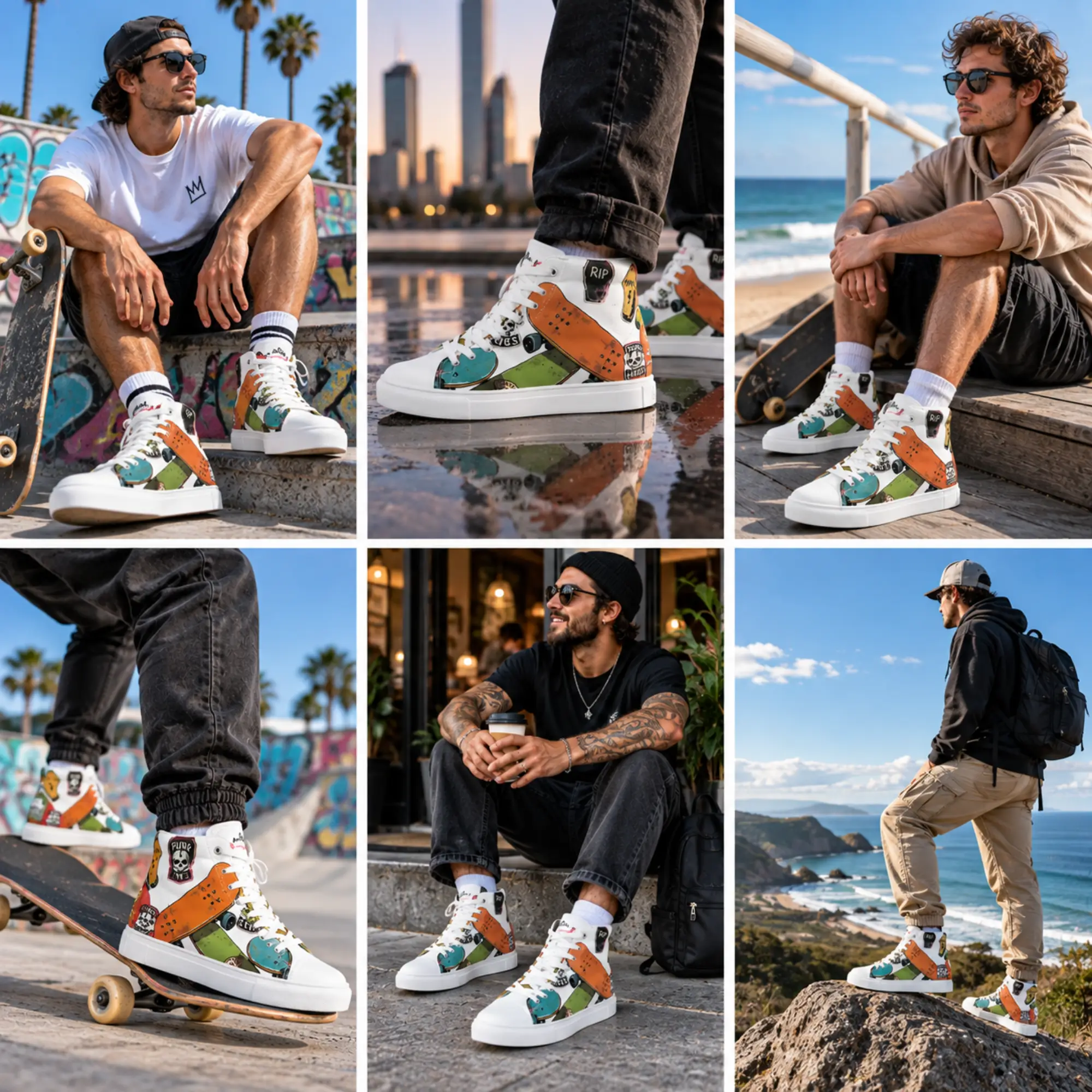 Skateboard graphic men’s high-top sneakers lifestyle image
