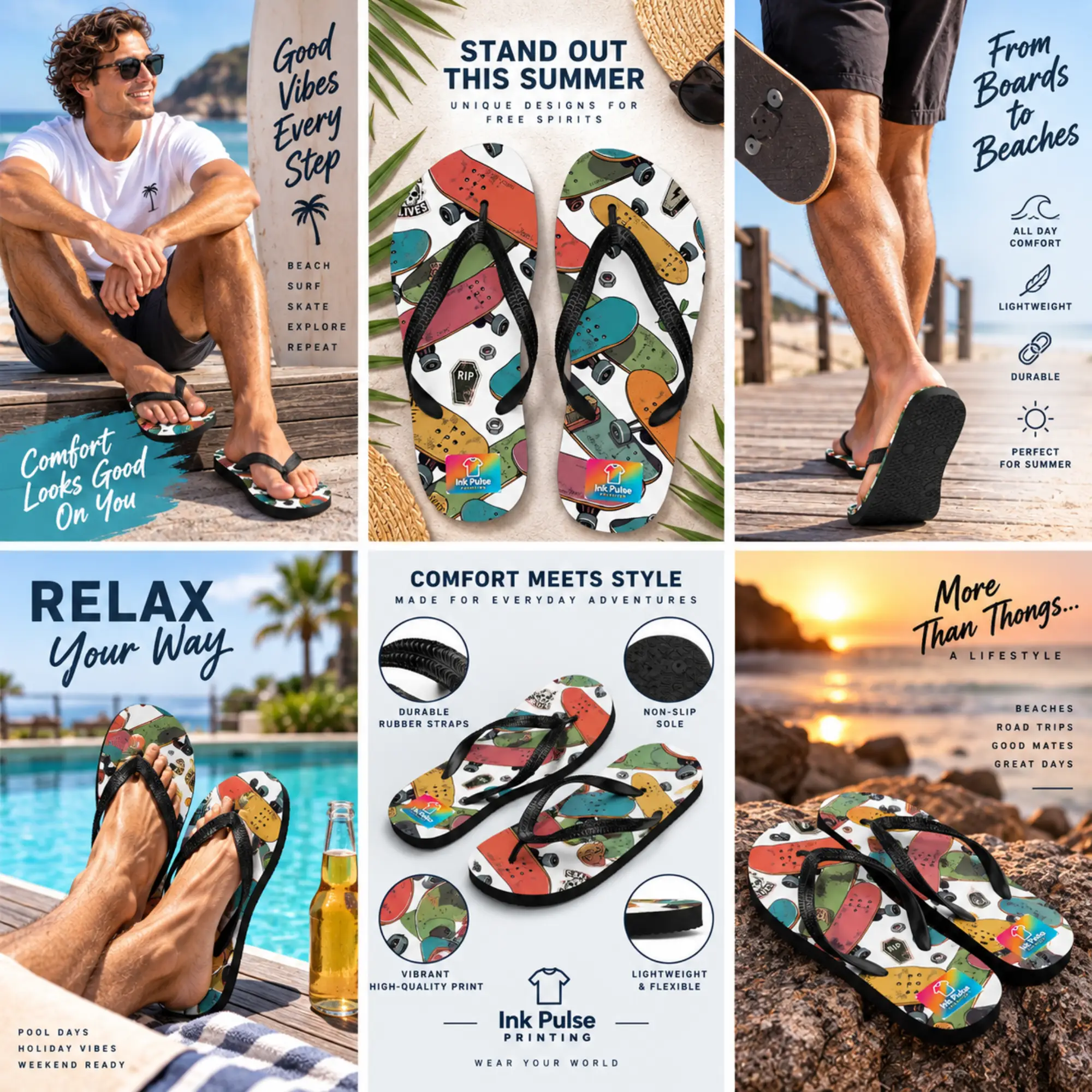 Men’s skateboard print flip-flops promotional image