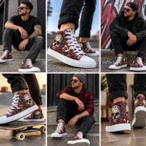 Men’s skulls and red roses high-top canvas shoes by Ink Pulse Print