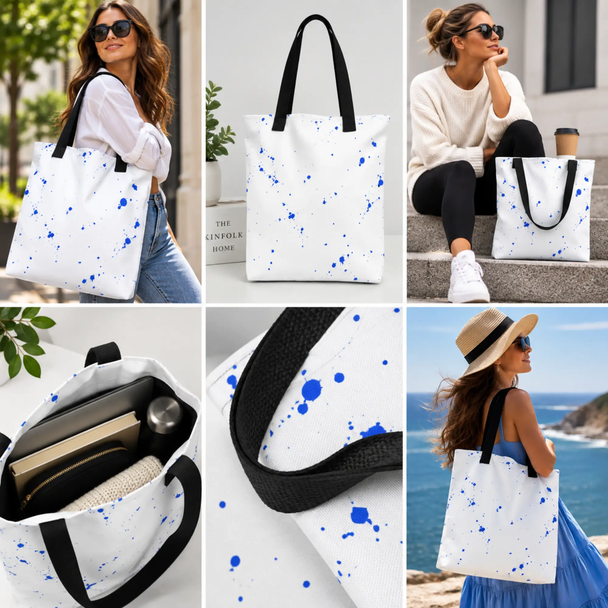 White cobalt blue splatter tote bag featured in exotic travel lifestyle photography