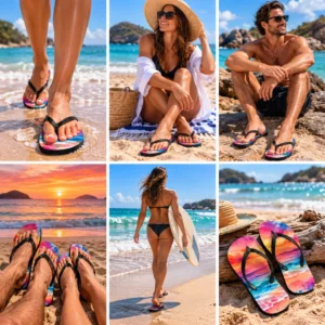 Tropical Sunset Watercolour flip-flops worn in a colourful beach lifestyle setting